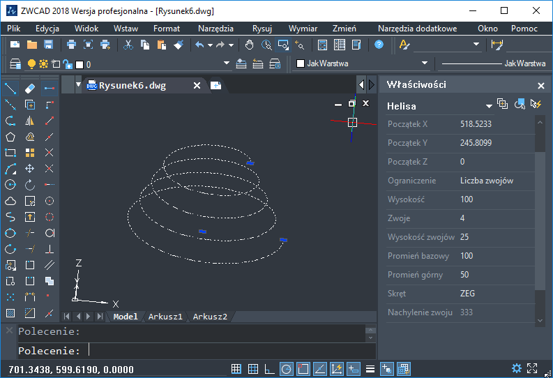 parametry spirali w programie cad