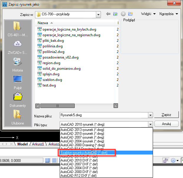 zapis szablonu dwg