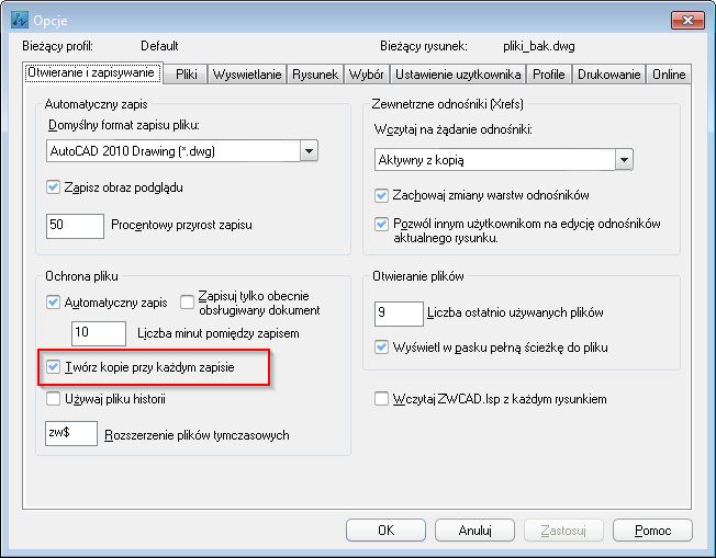 tworzenie kopii zapasowej dwg