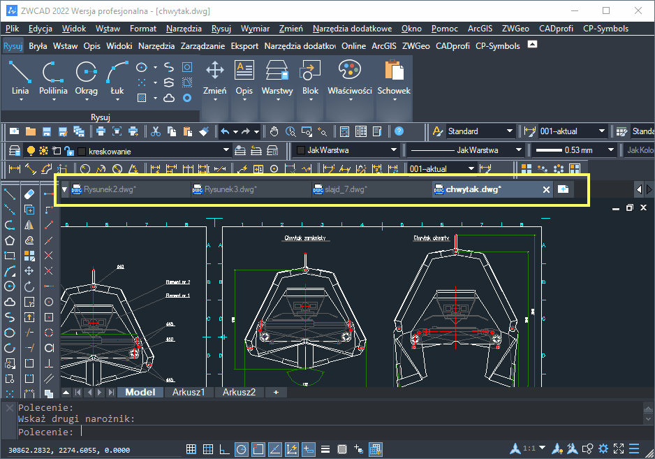 zakladki plikow dwg w programie cad