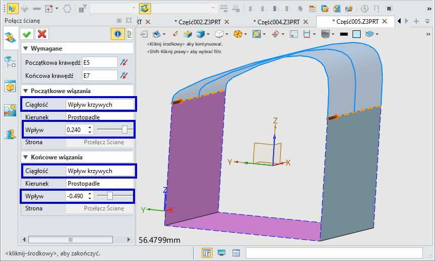 zw3d laczenie scian wplyw krzywych