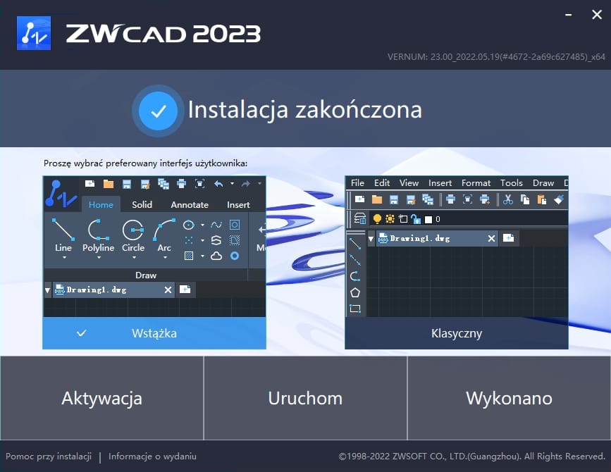 ukonczenie instalacji zwcad