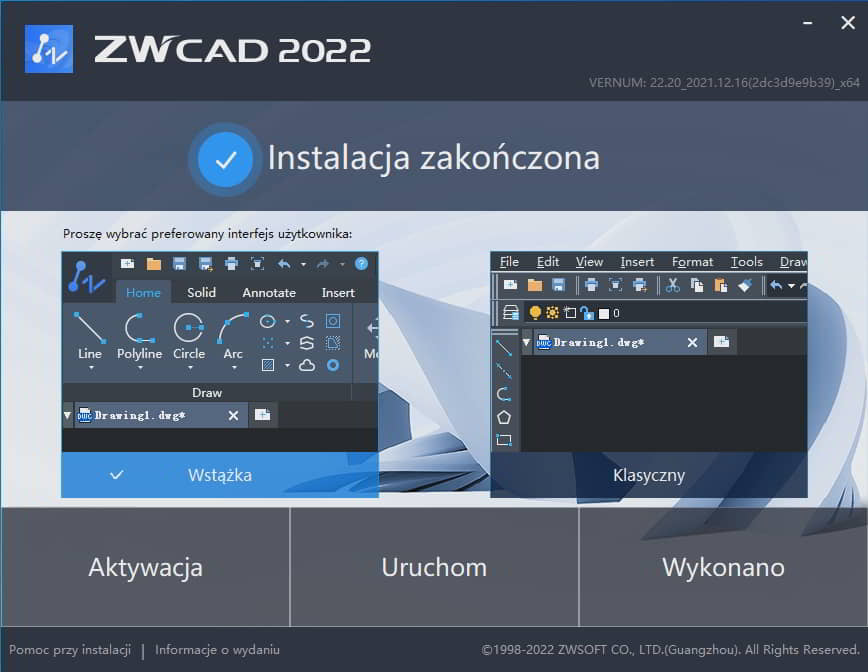 ukonczenie instalacji zwcad