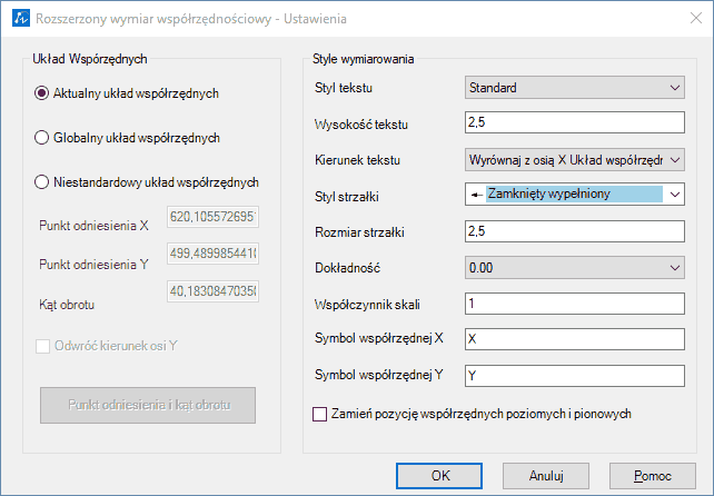 ustawienia wymiaru wspolrzednosciowego w zwcad