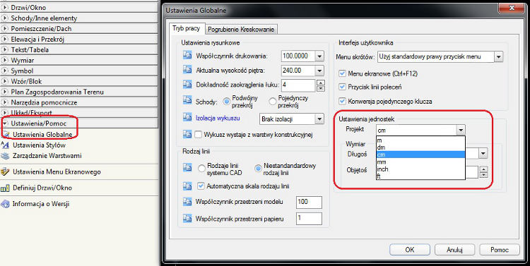ustawienia jednostek