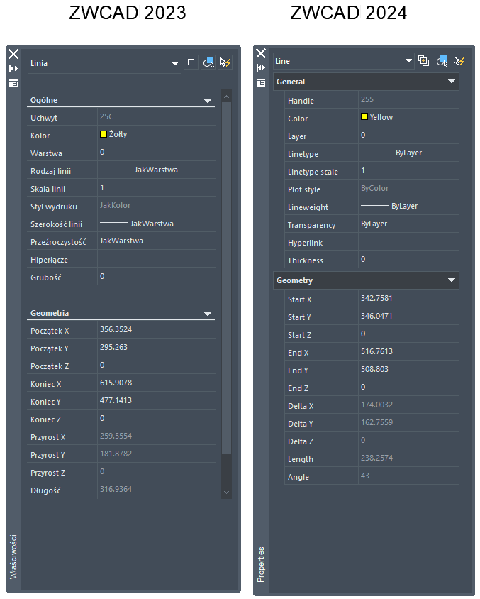 Porównanie okien właściwości w ZWCAD 2023 i ZWCAD 2024
