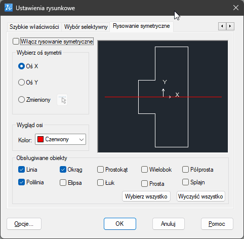 okno ustawien rysowania symetrycznego