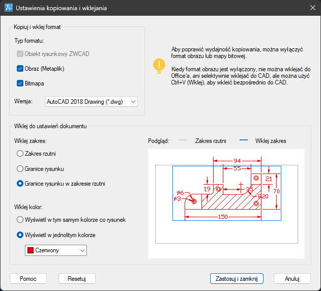 Okno ustawień schowka systemowego