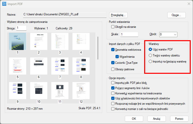 opcje ustawien warstw przy imporcie pliku pdf do cad zwcad