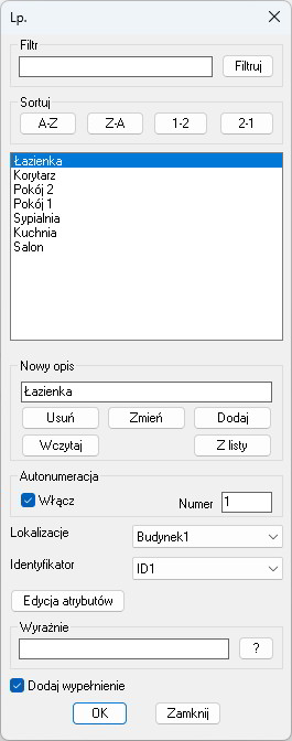 Menu tworzenia opisów pomieszczeń Menu tworzenia opisów pomieszczeń