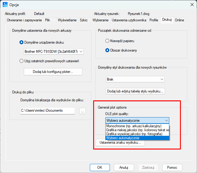 Zmiana jakości wydruku plików OLE