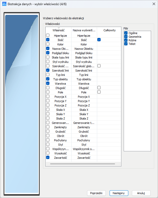 Menu wyboru parametrów i danych do ekstrakcji