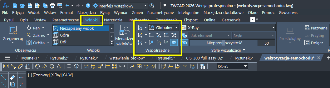 Wstążka z współrzędnymi w ZWCADzie