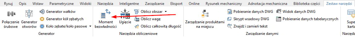 Funkcja Moment bezwładności w ZWCADzie MFG 2026