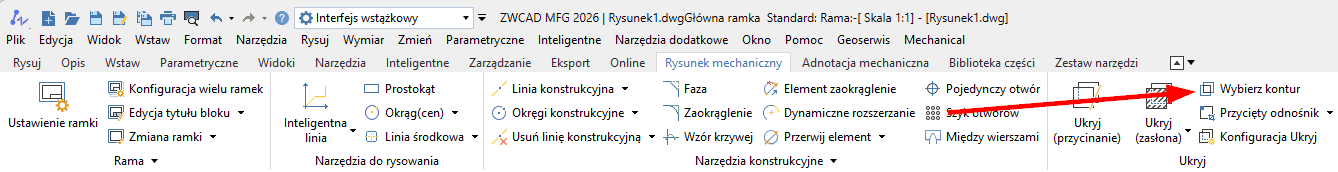 Wybierz kontur w ZWCADzie MFG 2026