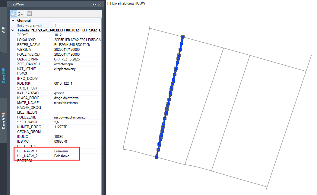 Nazwa atrybutów ulicy Nazwa atrybutów ulicy