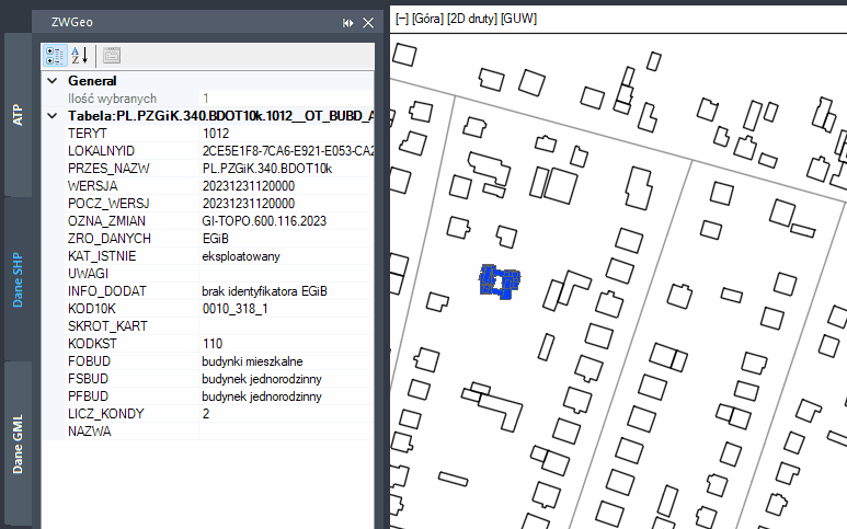 Zaznaczony w ZWCADzie obiekt SHP Zaznaczony w ZWCADzie obiekt SHP