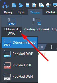 Menu wstawienia odnośnika DWG w ZWCADzie 2025