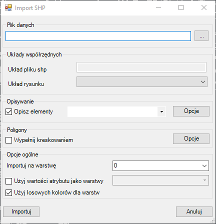okno importu plików shp