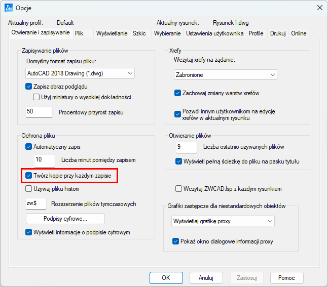 Kopia zapasowa w programie ZWCAD