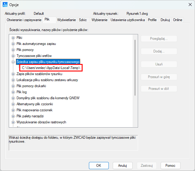 Ścieżka dostępu do plików tymczasowych
