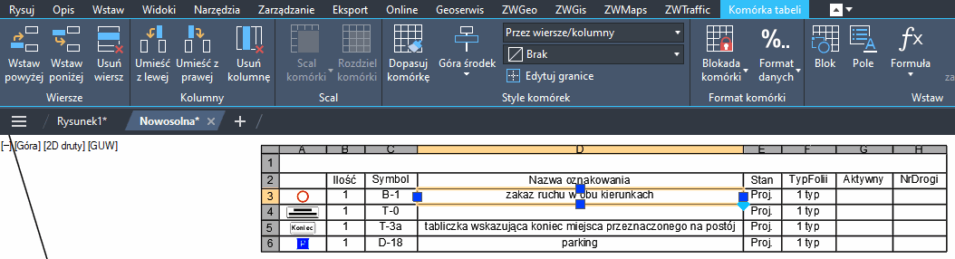 Edytowalna tabela znaków w ZWCADzie 2025