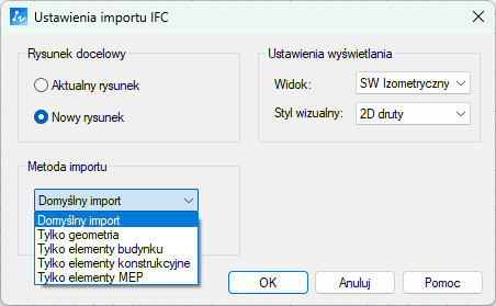 Ustawienia importu IFC Ustawienia importu IFC