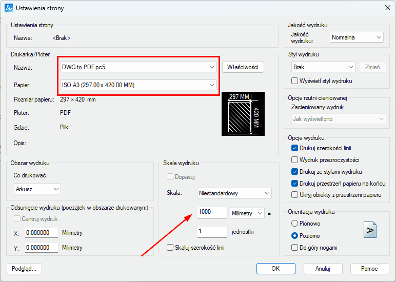 Ustawienie drukowania strony arkusza Ustawienie drukowania strony arkusza