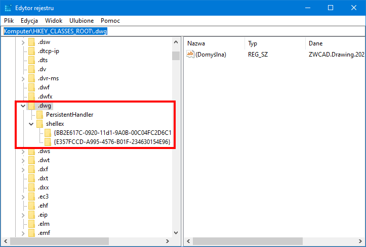usuniecie klucz dwg z rejestru