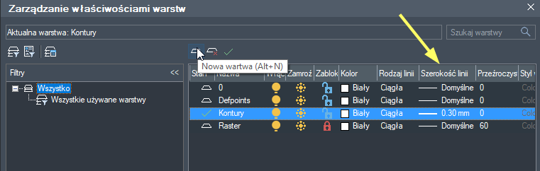 nowa warstwa szerokosc linii