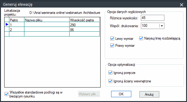 elewacja dialog box