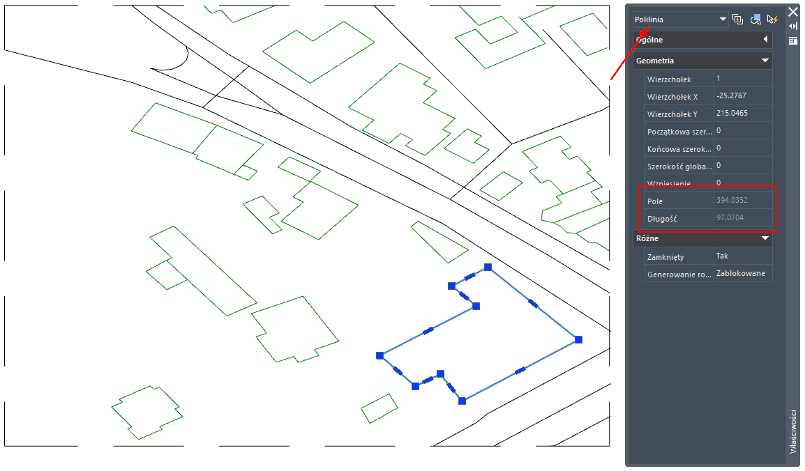 Obszar i pole polilinii na rysunku CAD