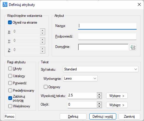 Panel definiowania atrybutów w blokach w programie ZWCAD