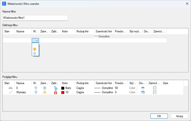 Opcje filtrowania w programie ZWCAD