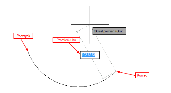 Rysowanie łuku w oparciu o początek, koniec i promień