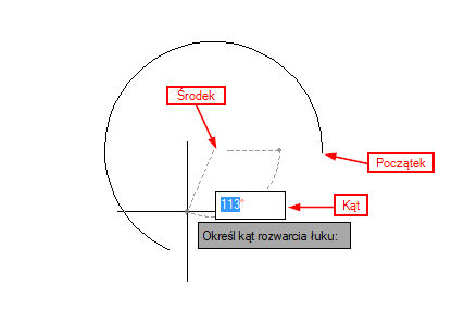 Rysowanie łuku w oparciu o początek, środek i kąt