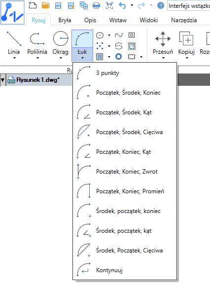 Menu rysowania łuku w ZWCAD