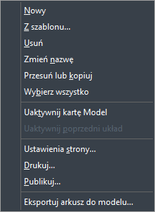 Menu zakładki Arkusza w ZWCAD