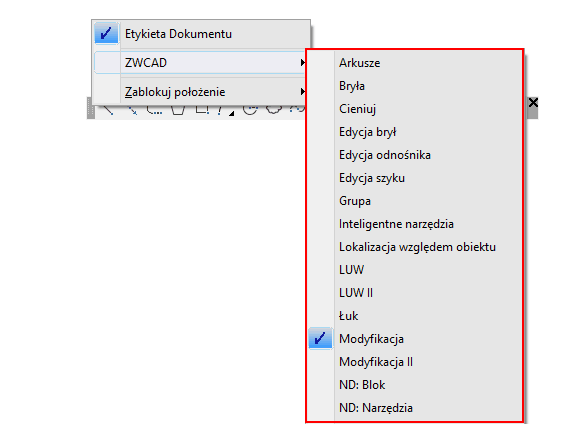 Rozwijalne menu ZWCAD z dostępnymi funkcjami