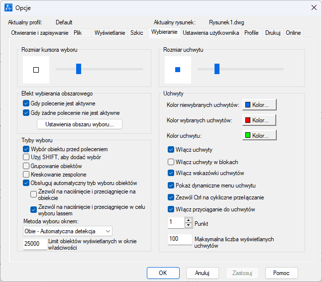 Menu opcji ustawień uchwytów w ZWCADzie