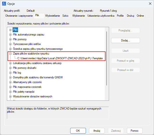 Opcje dostosowania ścieżki szablonu w programie ZWCAD