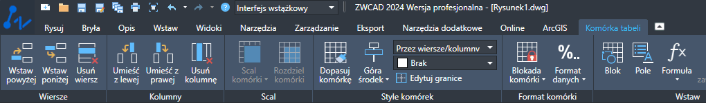 Wstążka edycji tabeli w ZWCADzie