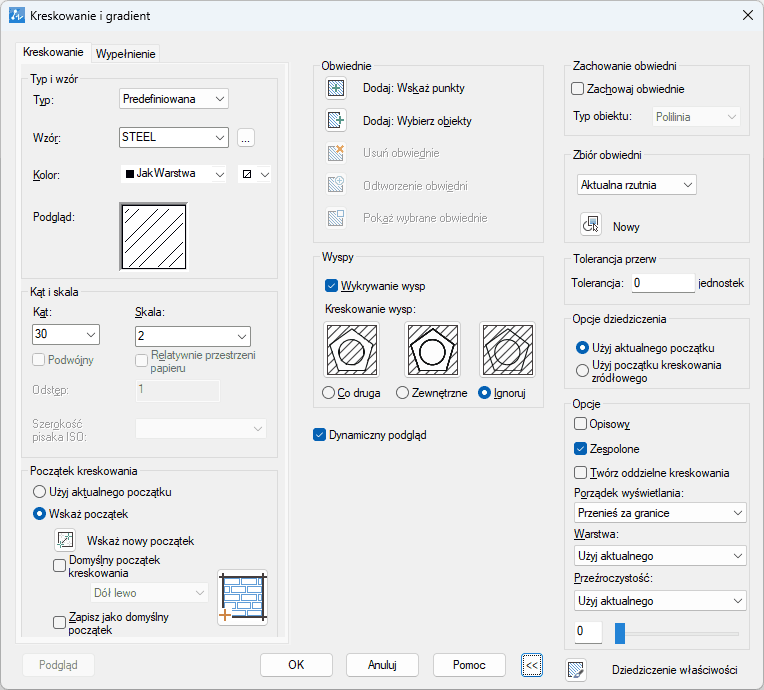 Opcje kreskowania w programie ZWCAD