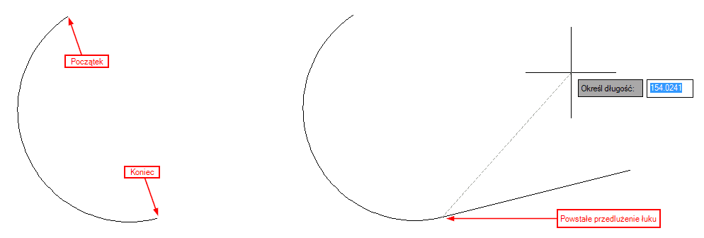 Przedłużenie łuku za pomocą linii