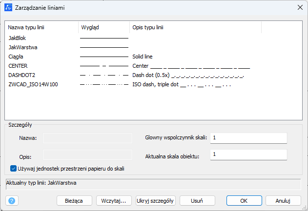 Rodzaje linii dostępne w programie ZWCAD