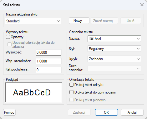 Menu stylów tekstu w programie ZWCAD