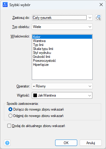 Menu szybkiego wyboru w programie ZWCAD