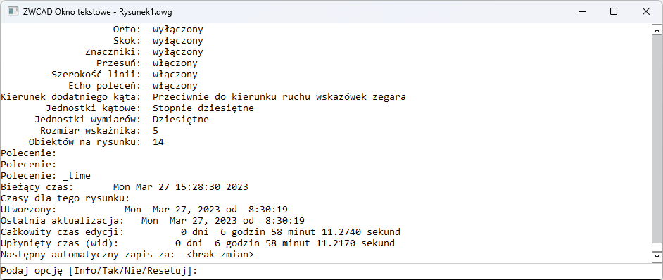 Okno obserwacji czasu w programie ZWCAD