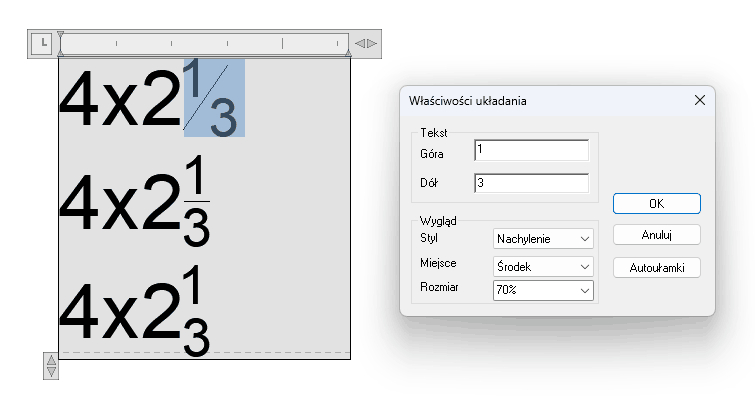 Menu edycji piętrowania tekstu w programie ZWCAD