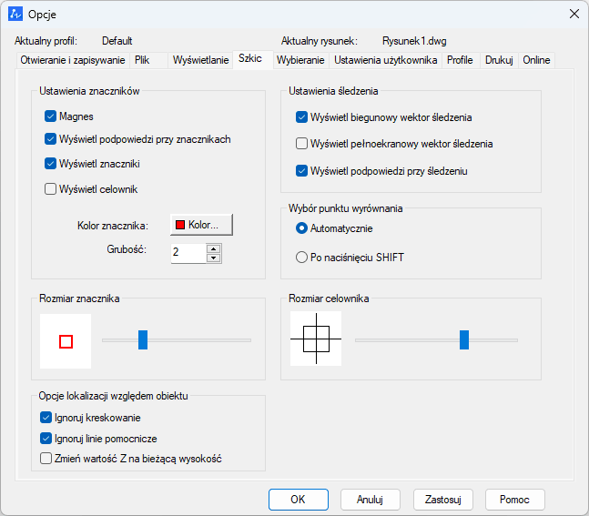 Ustawienia śledzenia lokalizacji w programie ZWCAD